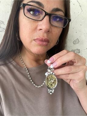 Silver Tone Faux Pearl Rosary Necklace Bird Medallion Cross